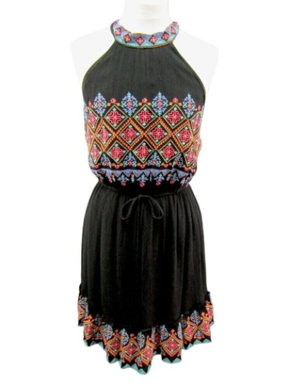 Savanna Jane Black Embroidered Halter Mini Dress Open Back Womens Size M Boho
